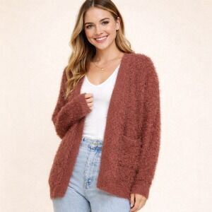 PINCH Burgundy Brown Eyelash Fuzzy Cardigan Sweater Size S/M Cottagecore